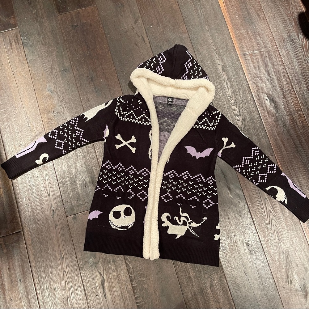 Disney Nightmare Before Christmas Black, White & Purple Knit Sweater w/ Sherpa